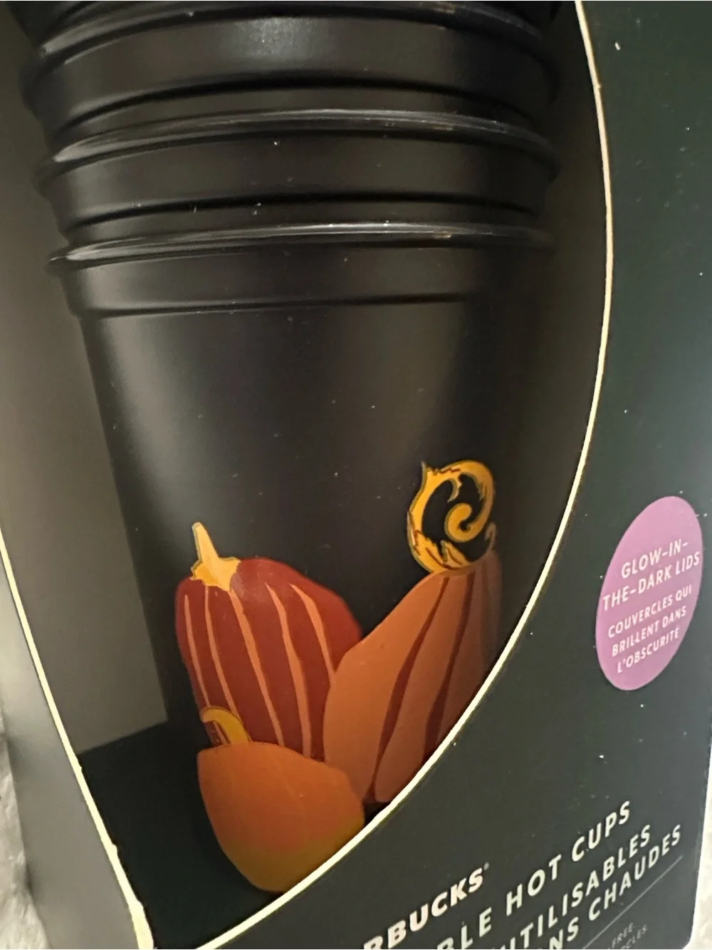 Starbucks Black Reusable Hot Cups with Pumpkin Accent and Glow Lids